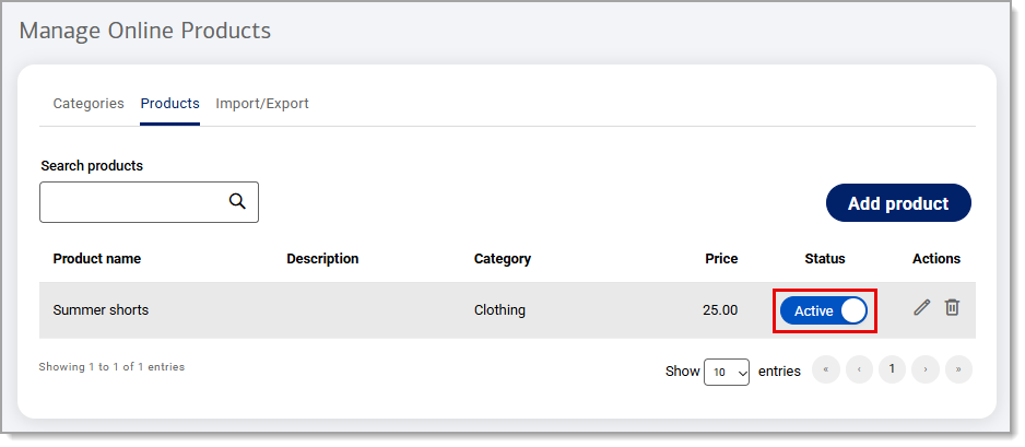 Status toggle highlighted under Manage Online Products.
