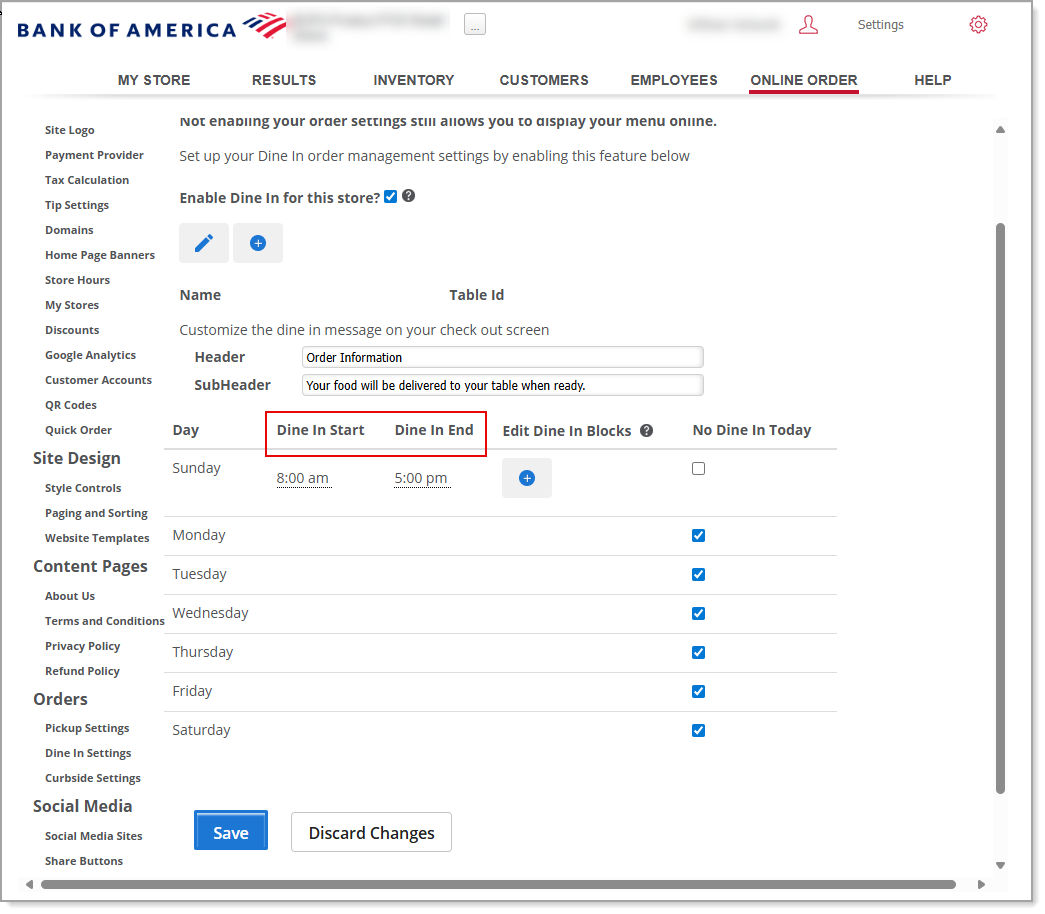 Dine In Start and Dine In End time blocks