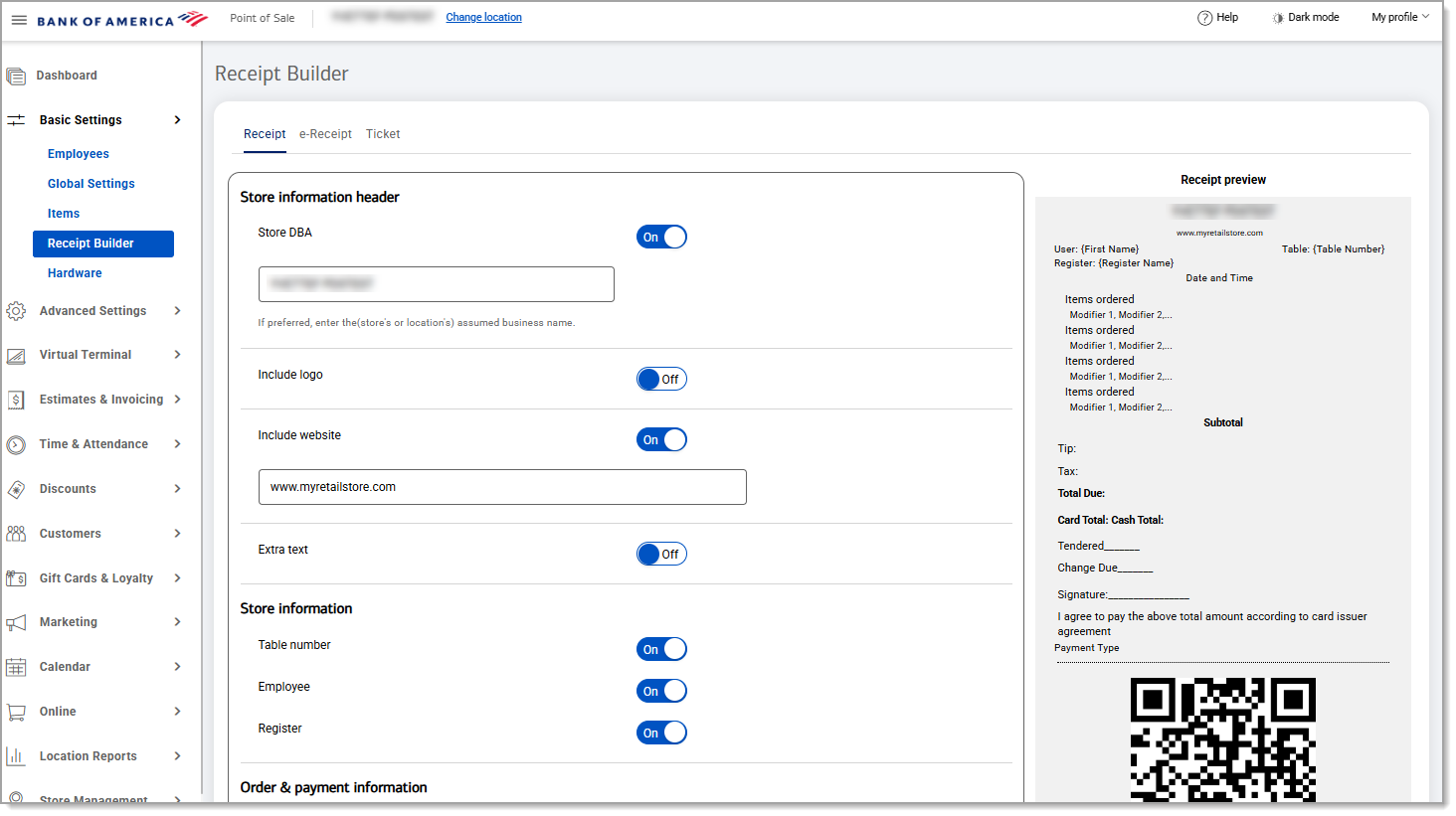 Display of the receipt tab details with toggle options.