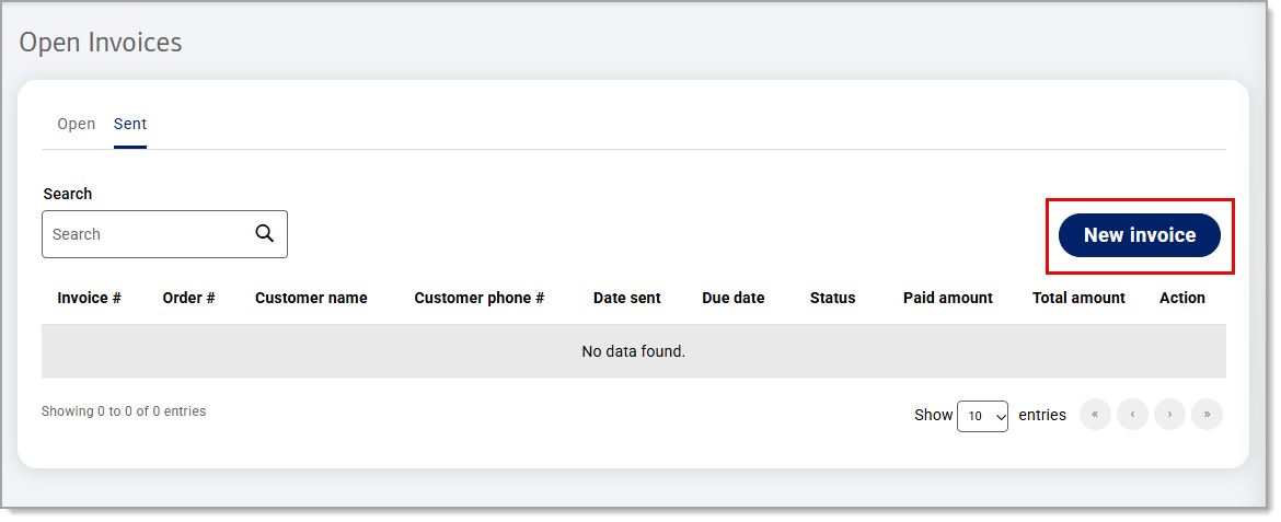 New invoice button highlighted under sent open invoices.