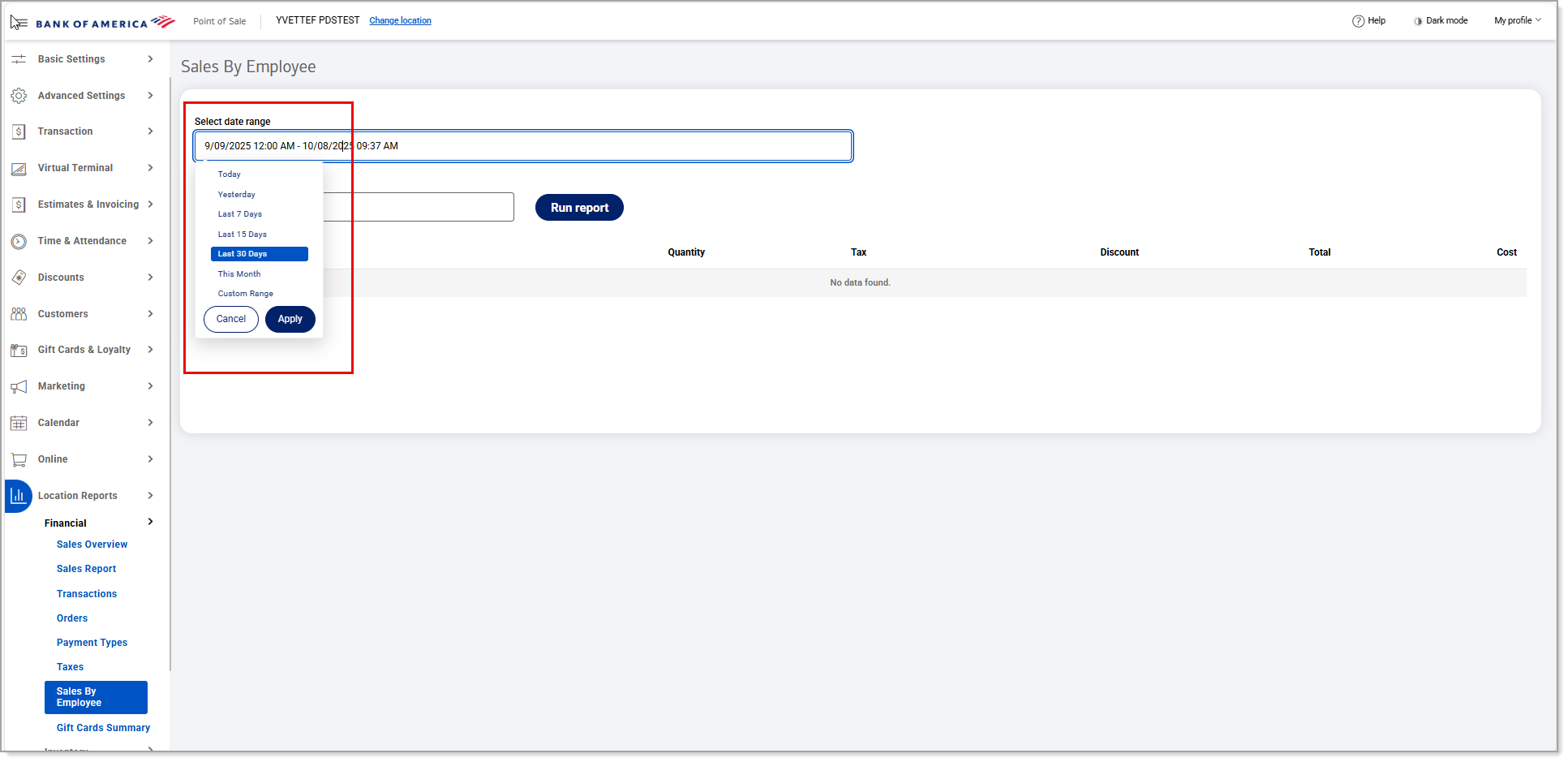 Sales By Employee screen with preset date range options