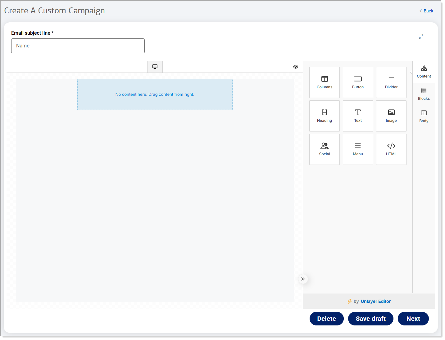 Screen for building an email marketing message