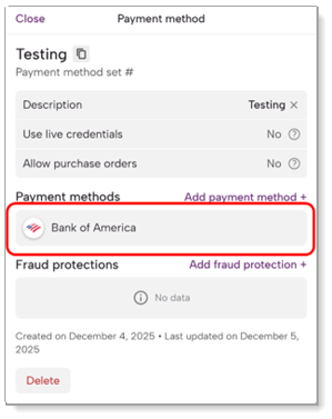 Payment Method screen with Bank of America highlighted as a payment method.