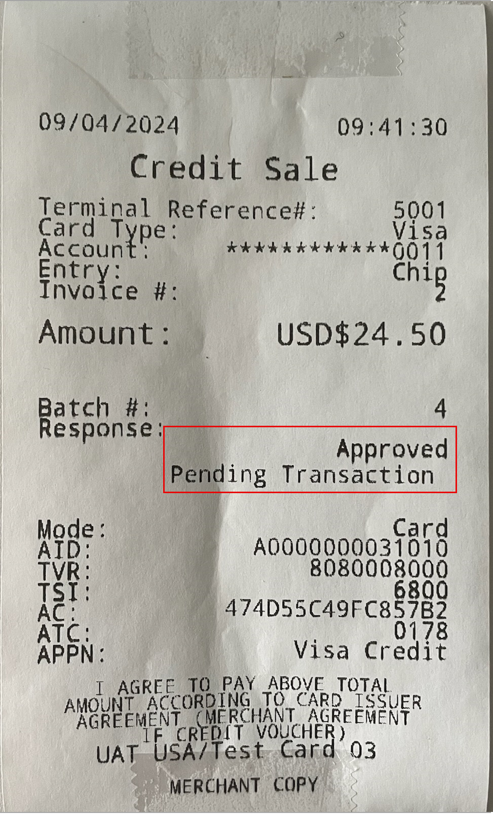 Offline transaction receipt with Pending Transaction verbiage.