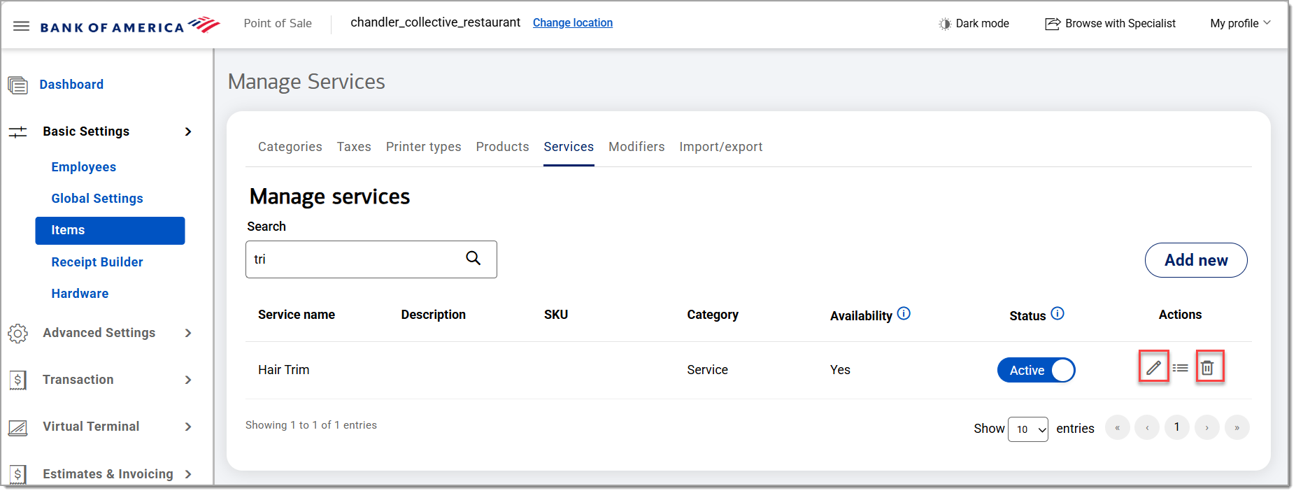 edit or delete a service action highlighted