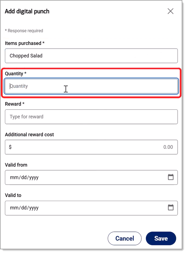 Quantity field highlighted.