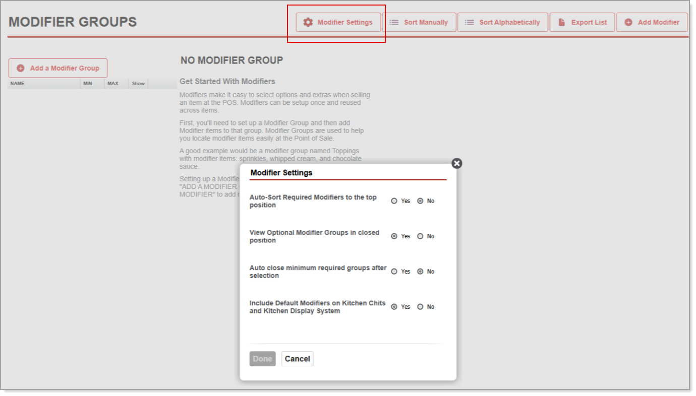 Restaurant view of Modifier Settings where you can choose to display or hide default modifiers.