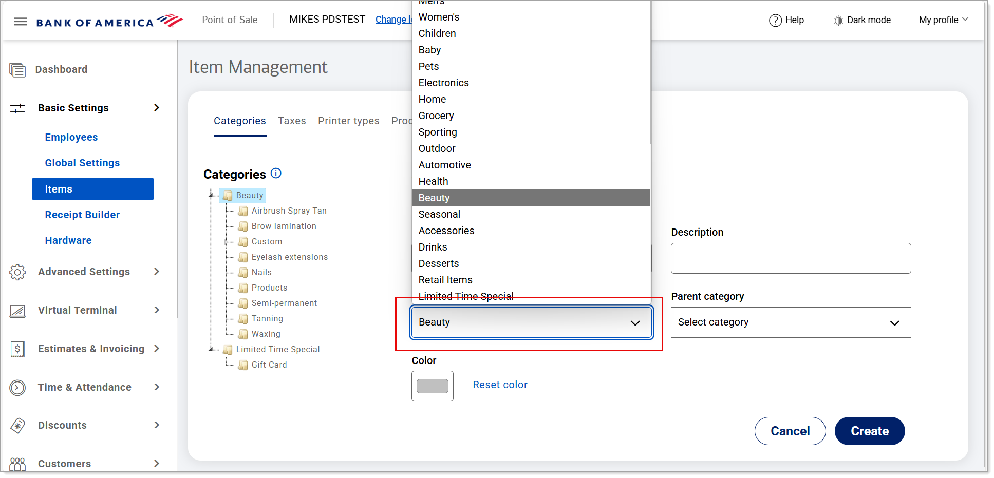 department dropdown menu