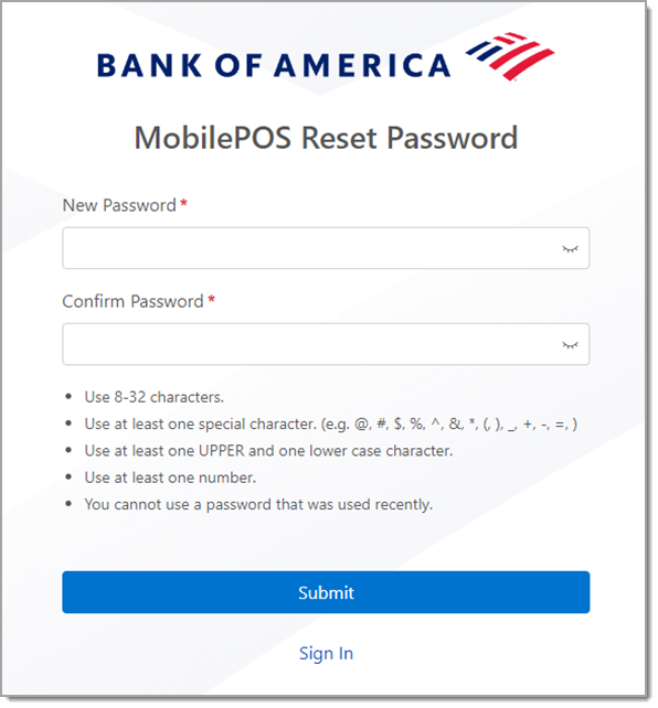 MobilePOS Reset Password page showing the password requirements.