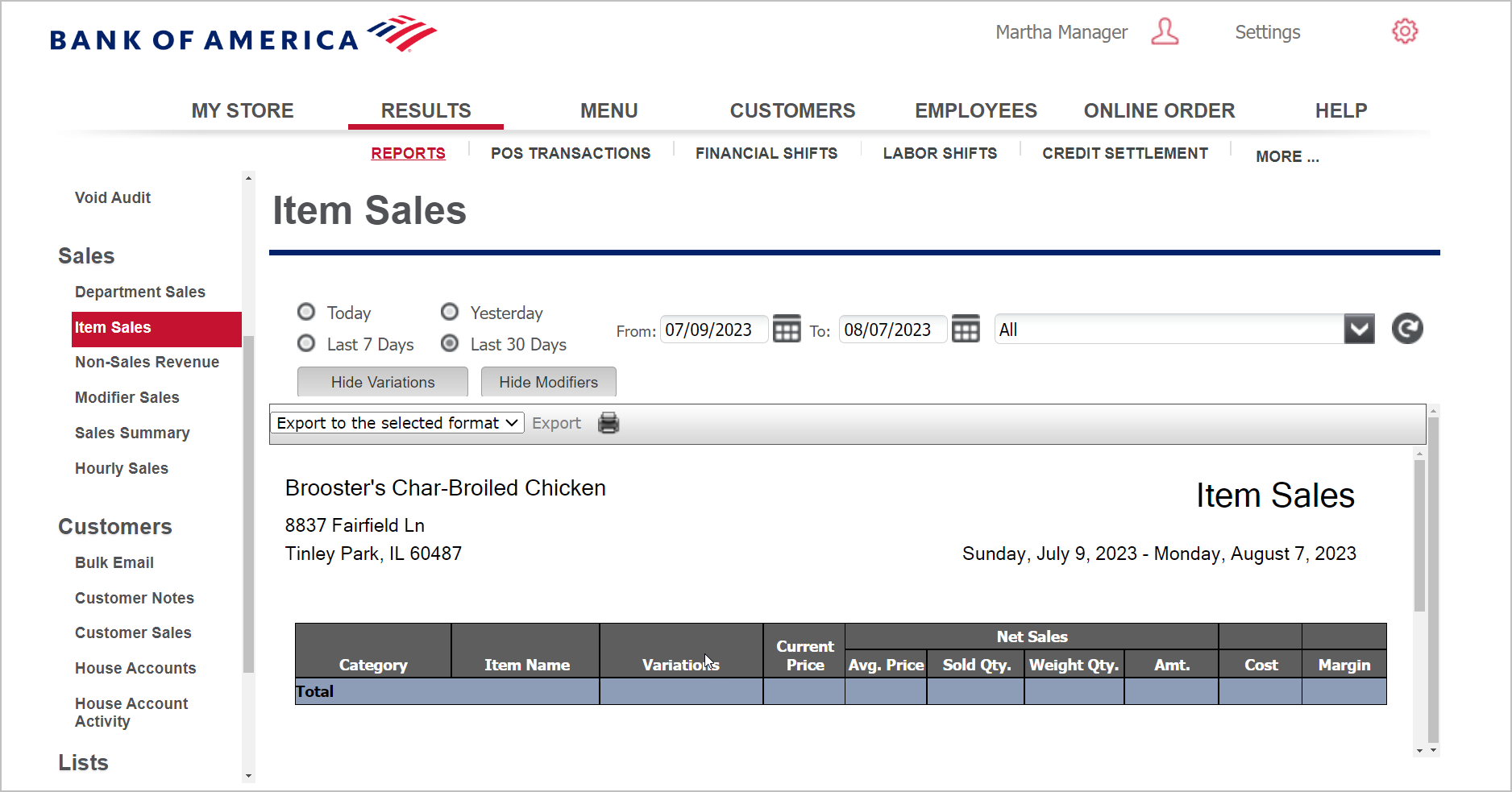 Item Sales report selections window showing date range field and filter menus