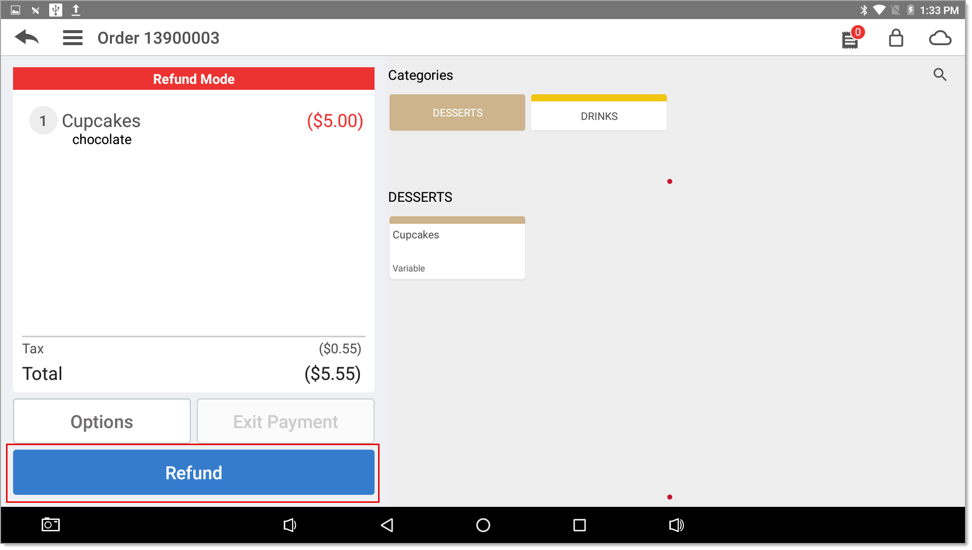 Refund button highlighted on ticket with item added on to it