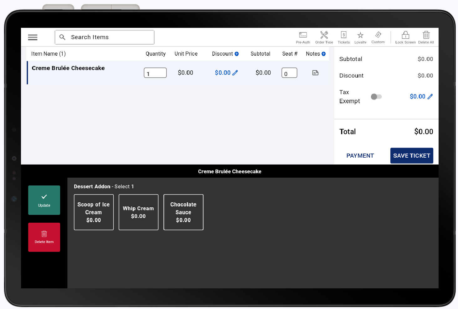 Orders screen with rewards added to the transaction.