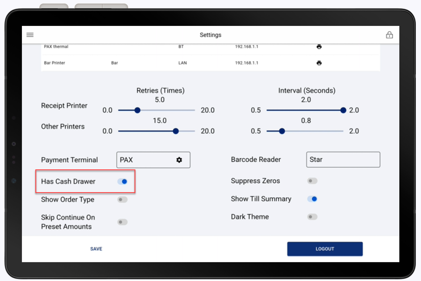 Set hardware settings to Has Cash Drawer