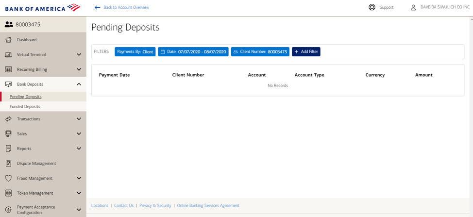 Pending deposits screen