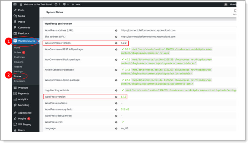 WooCommerce and WordPress versions