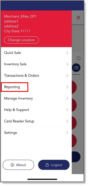 Reporting tab from the navigation screen.