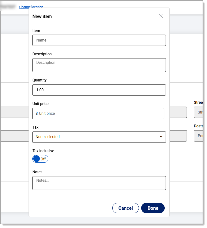 New item form pop up.
