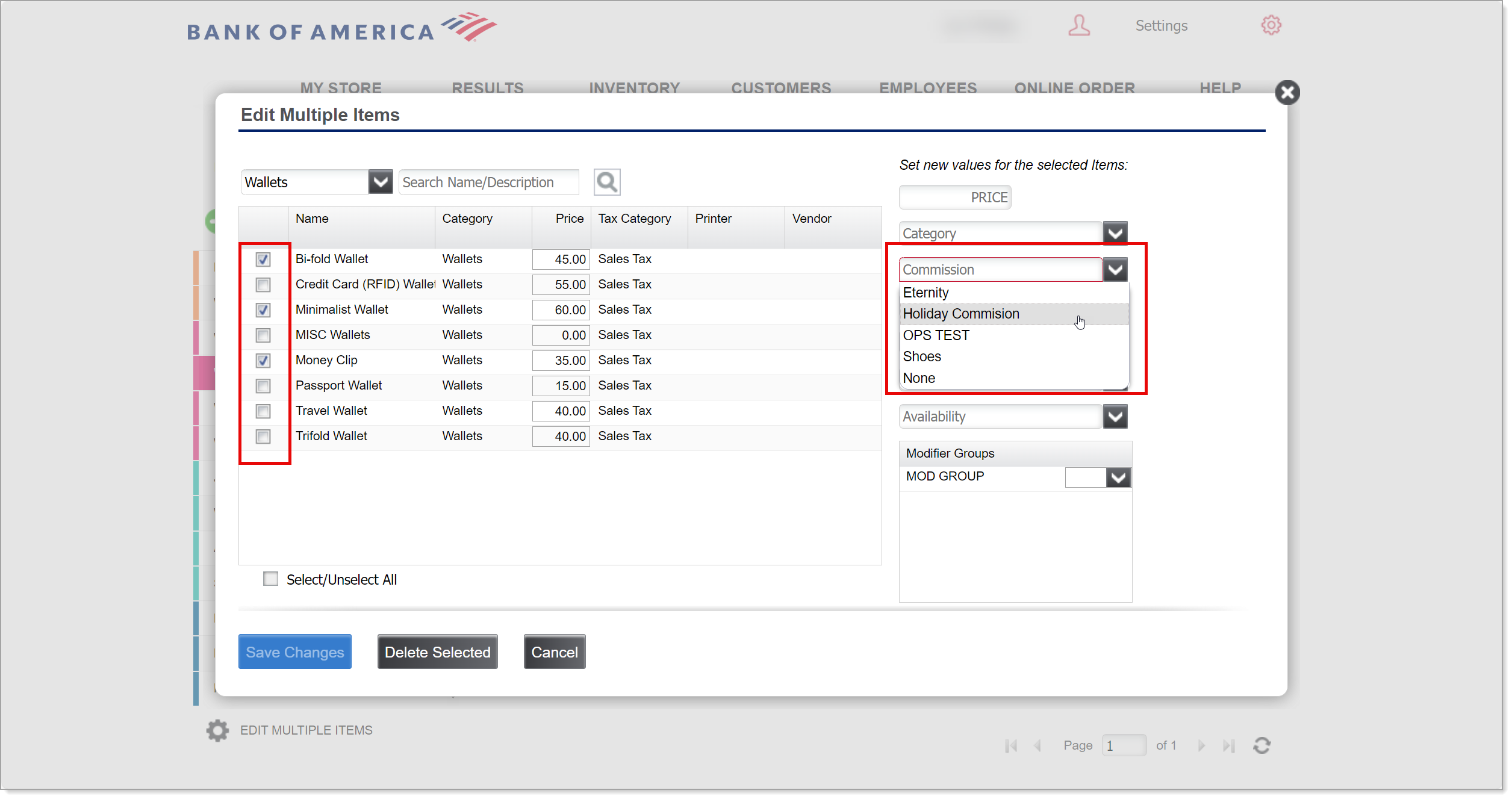 choose the items to update and select a commission to apply