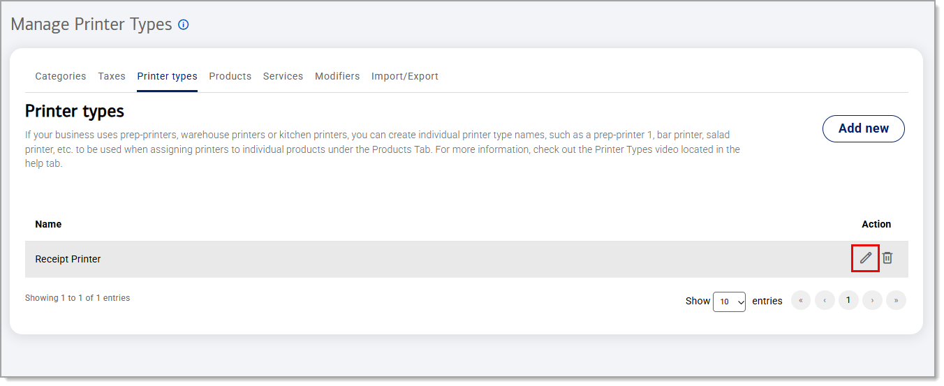 Edit icon highlighted under printer type actions.