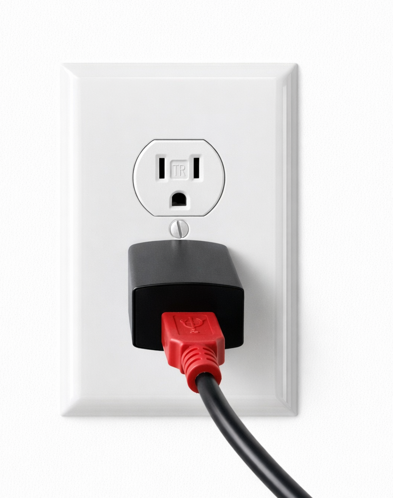 plug in the red USB connector to the adaptor and then into power