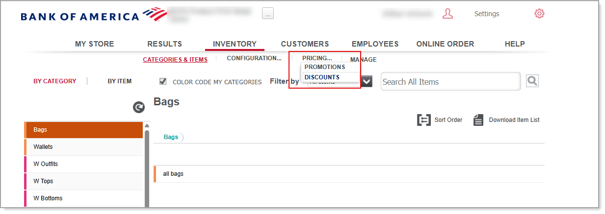 Pricing dropdown menu for promotions and discounts.