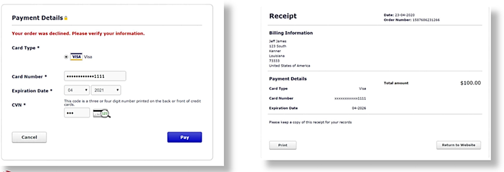 Hosted Payments payment form and receipt example