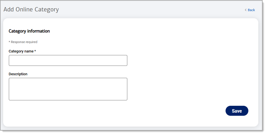 Add Online Category form to fill out category details like name and description.