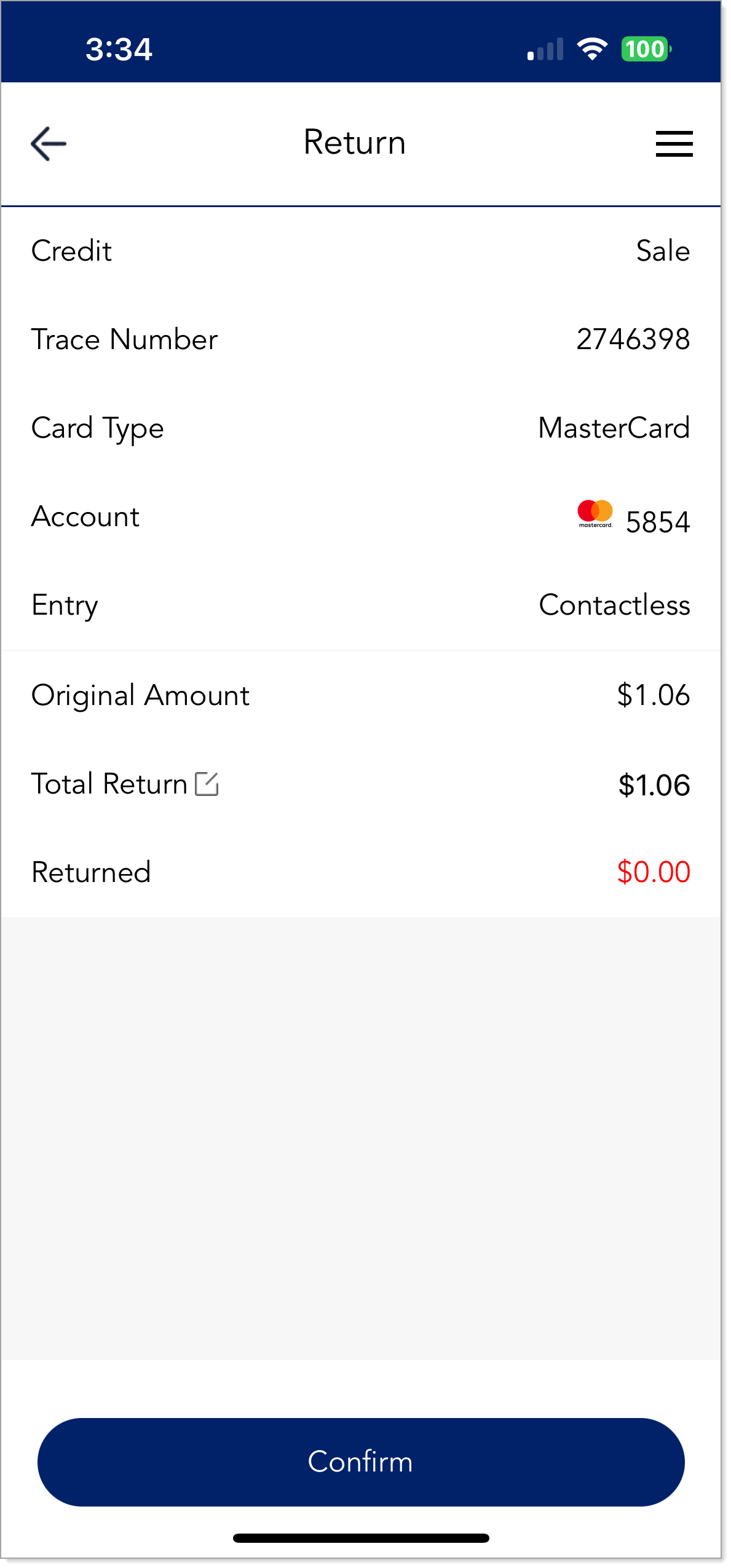 confirm return amount