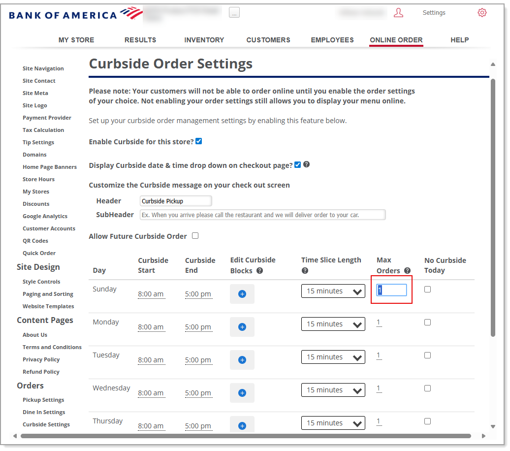 Max Orders option for selected time slice