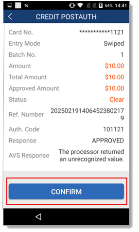 Credt PostAuth confirmation
