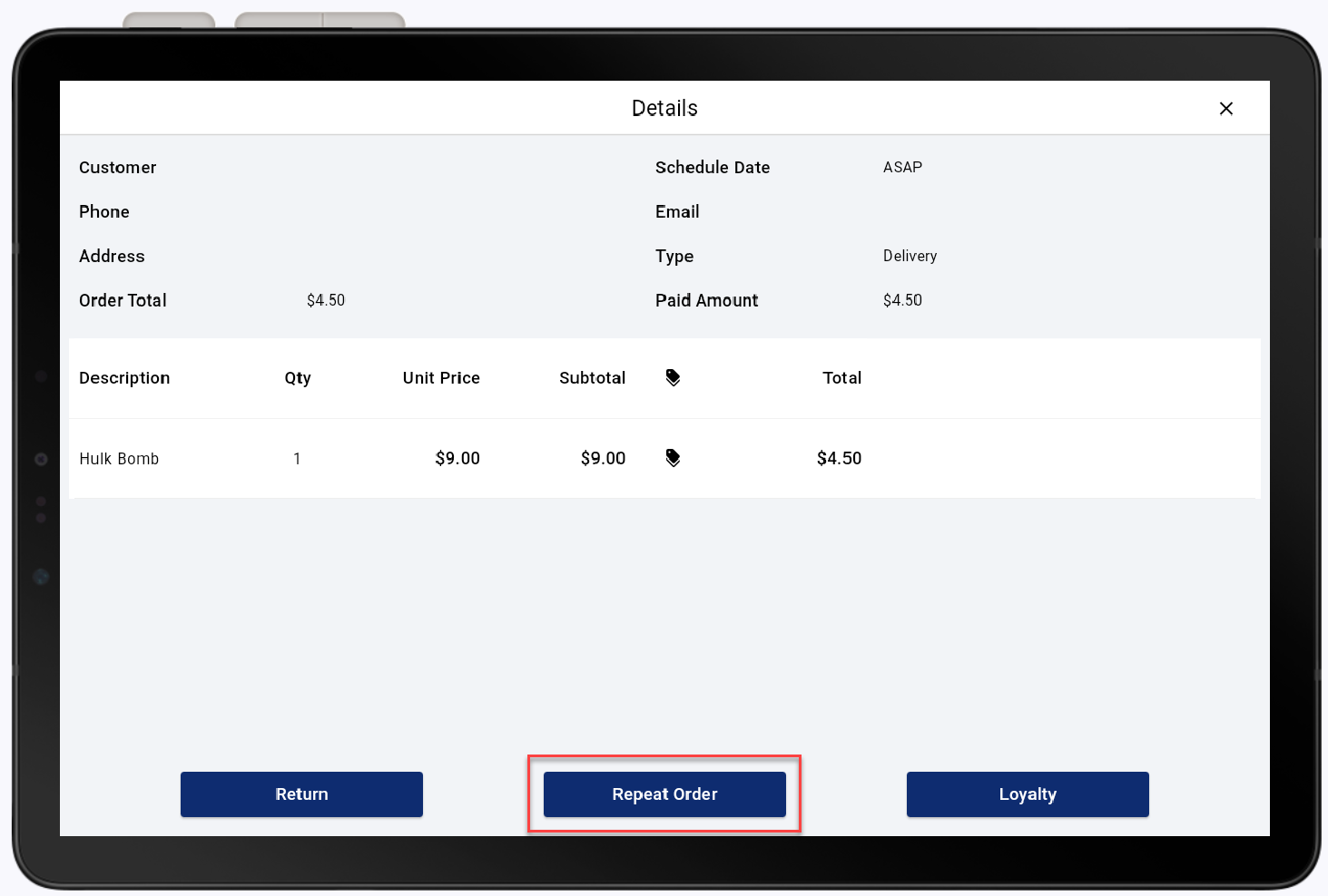 order details with repeat order highlighted