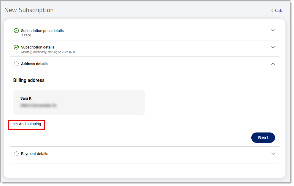 Address details tab opened with Add shipping button highlighted.