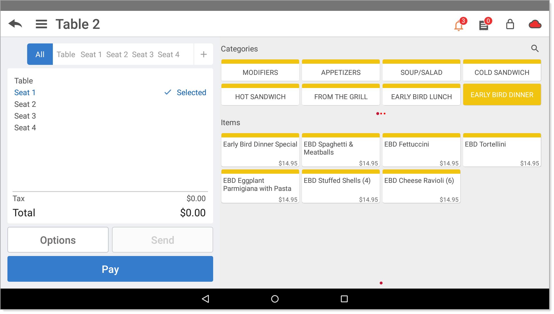 select items and categories for the order