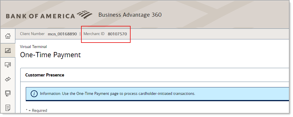 Virtual Terminal One-Time Payment screen