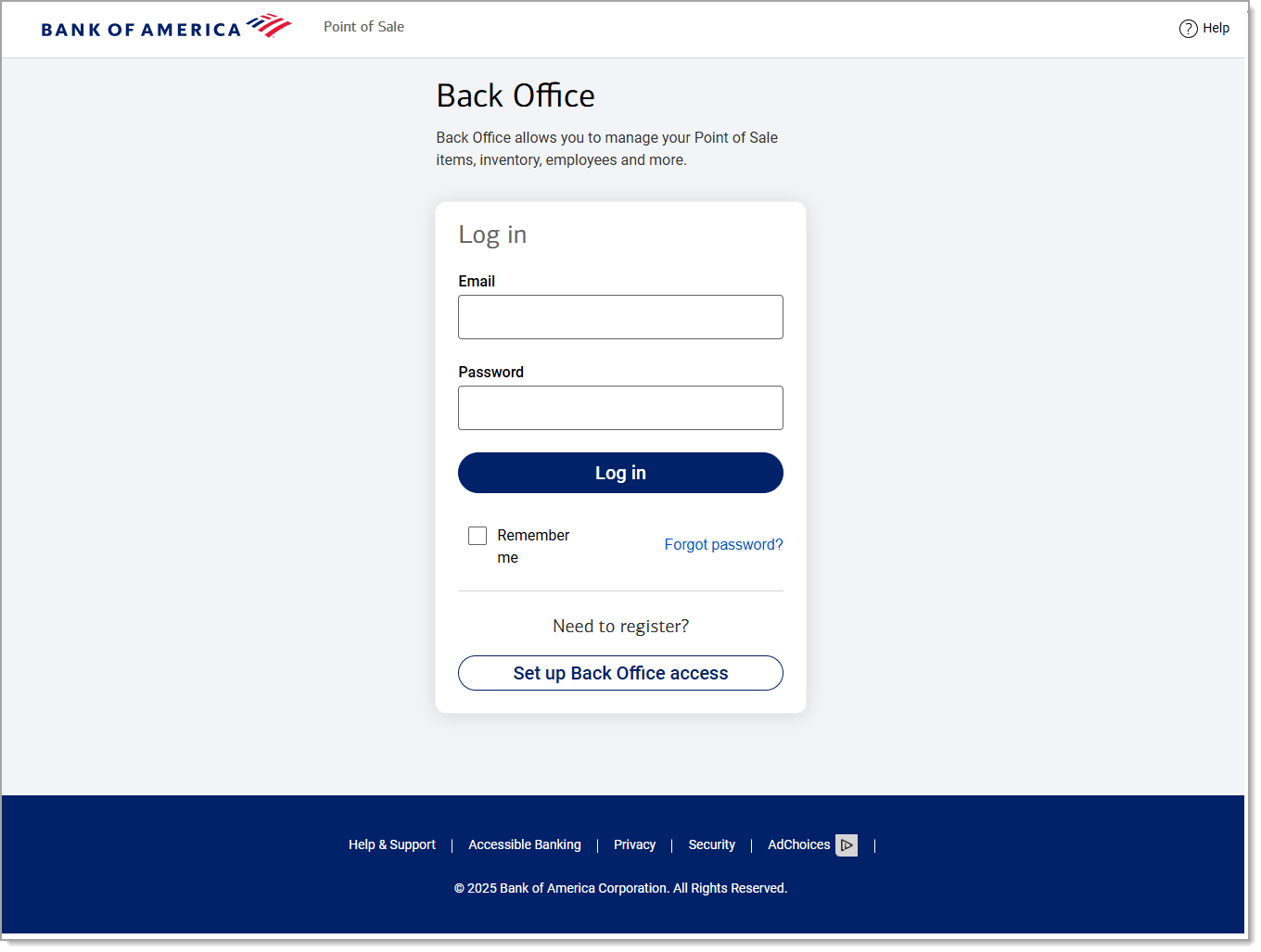 Log in page to Point of Sale Back Office.