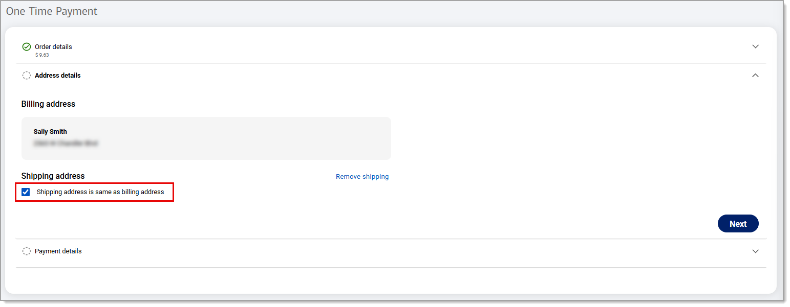 Highlighted filled check box under shipping address i