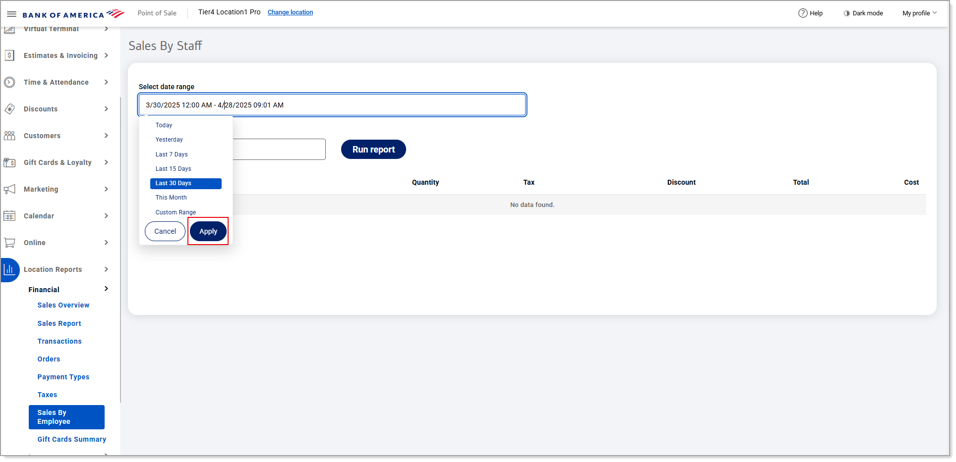 Sales by Employee/Staff report screen preset date range options