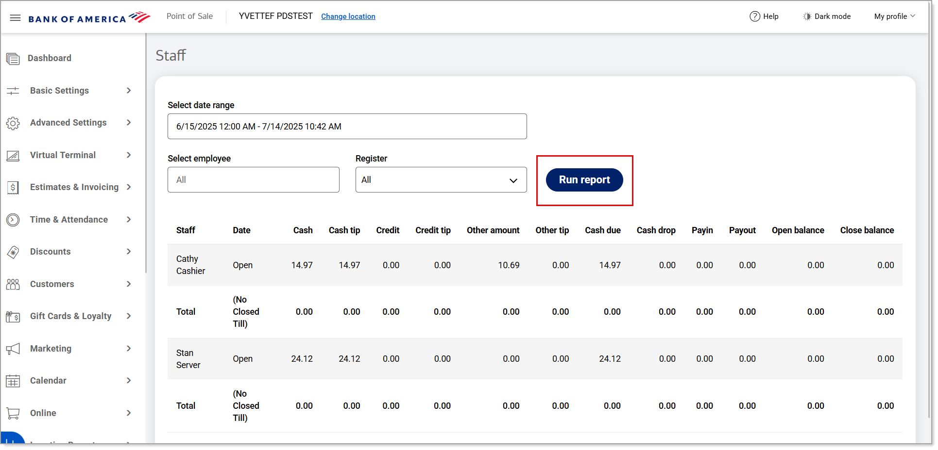 Run report option