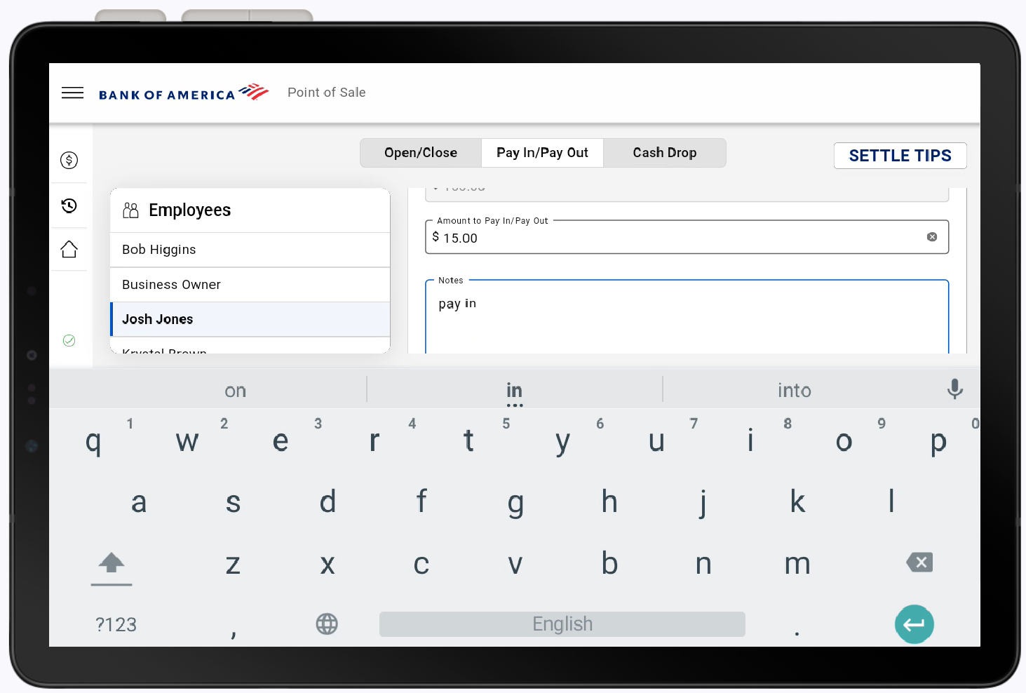 Pay in field and notes field completed.