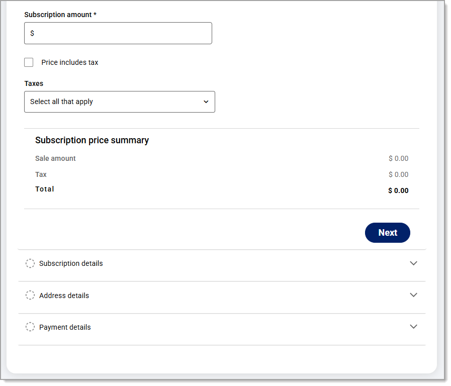 Subscription amount with field to enter dollar amount and tax options.