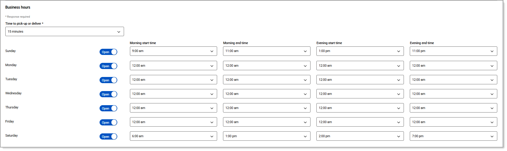 Business hours settings