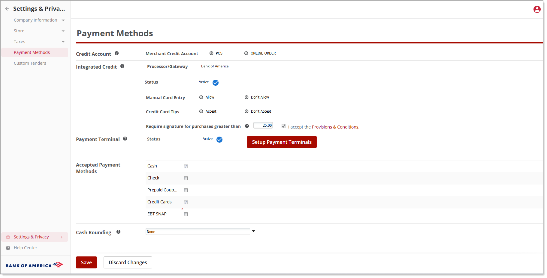 Payment Methods screen