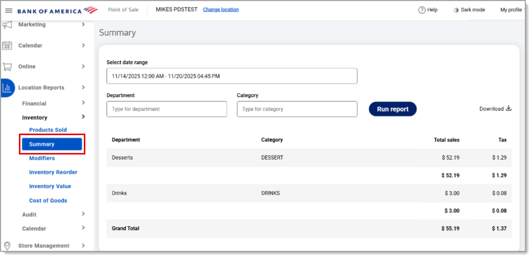 Inventory Summary Report