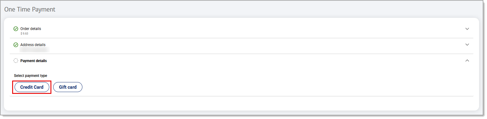 Credit card option highlighted in payment details.