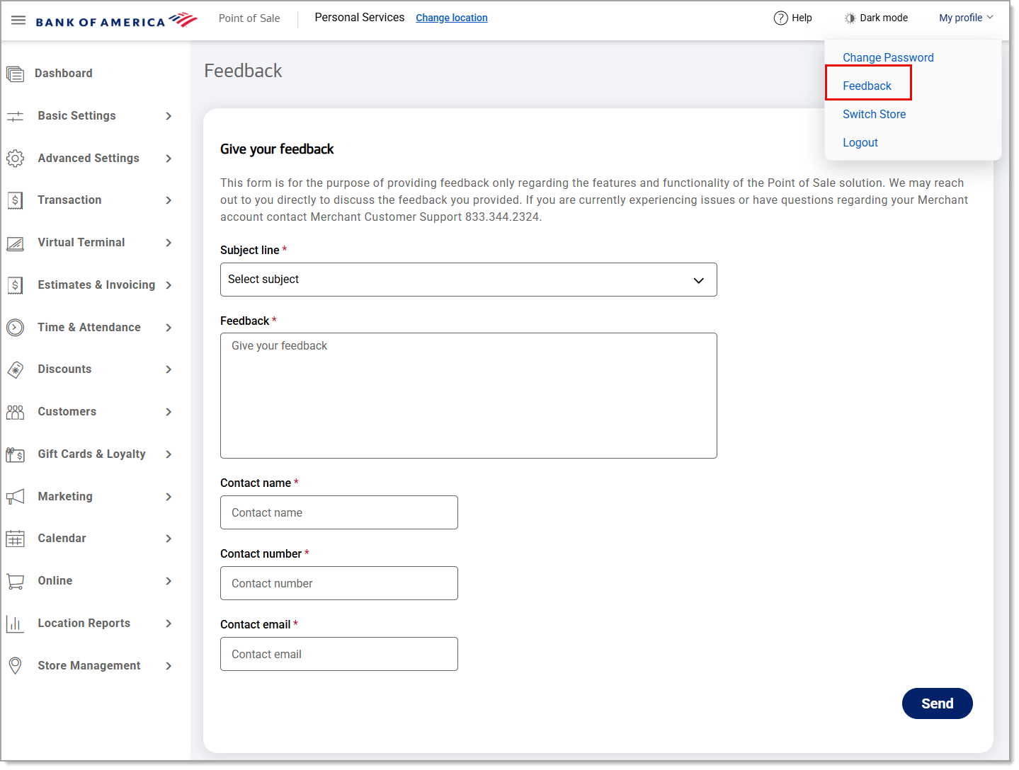 Feedback form displayed and feedback button highlighted under My profile.