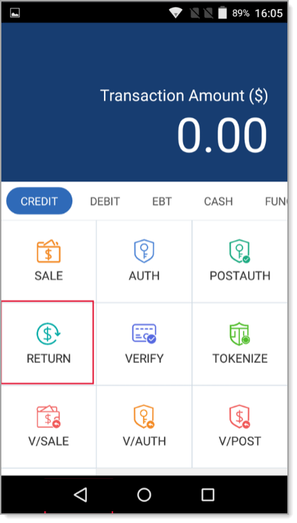 Return option on Credit tab.