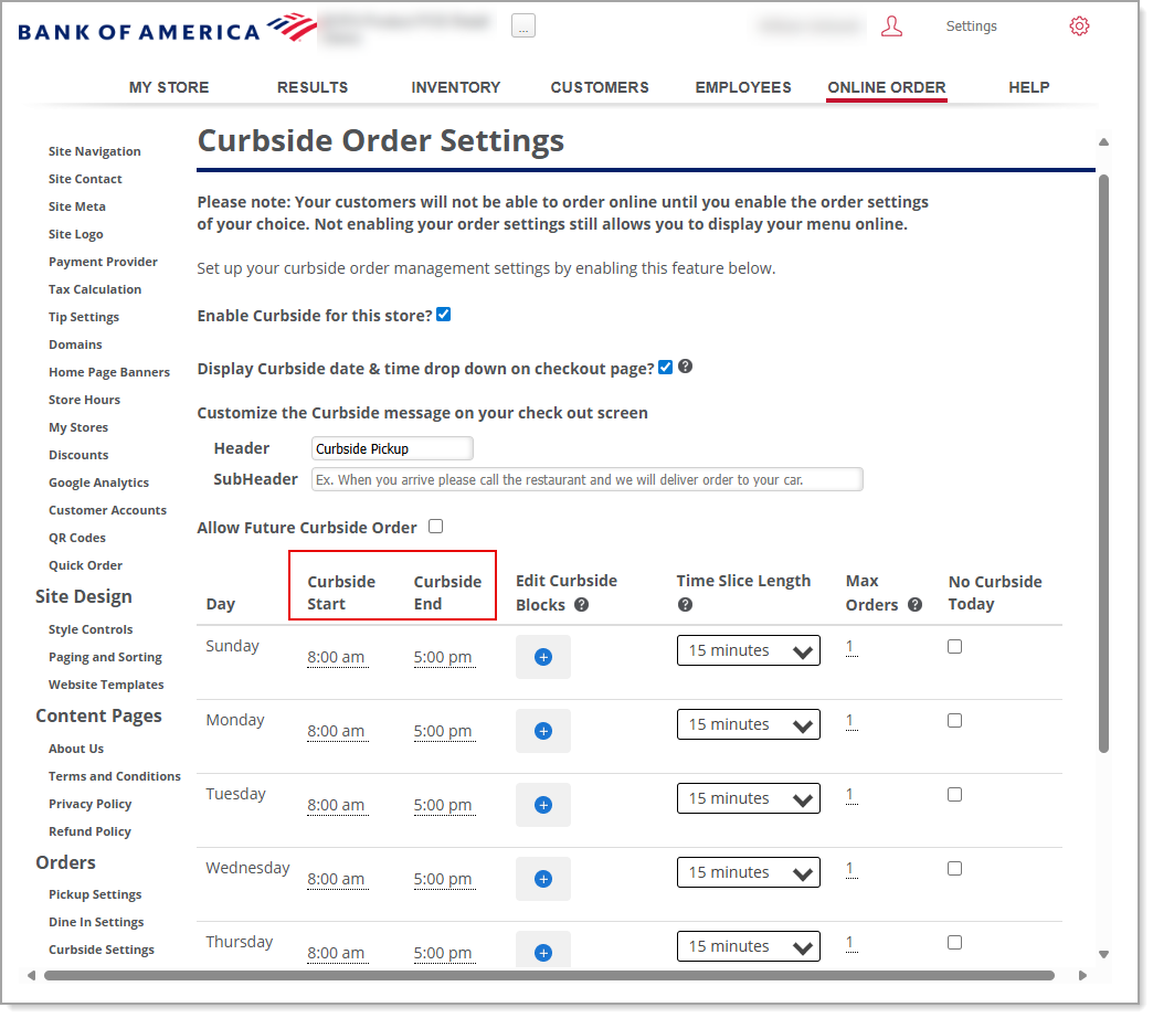 Curbside Start and End times