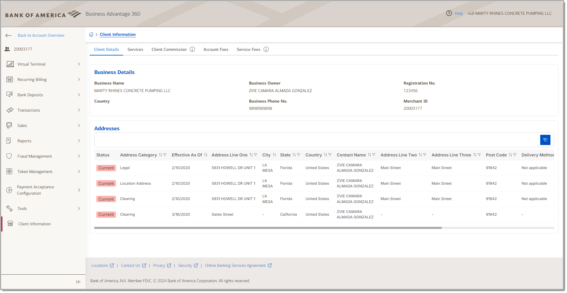 merchant services client info client details