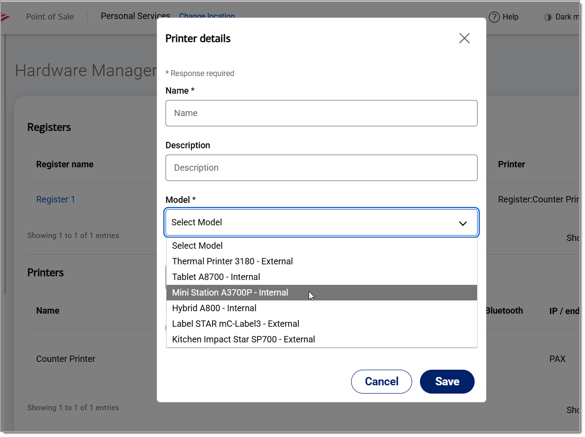 back office printer configuration with mini station selected