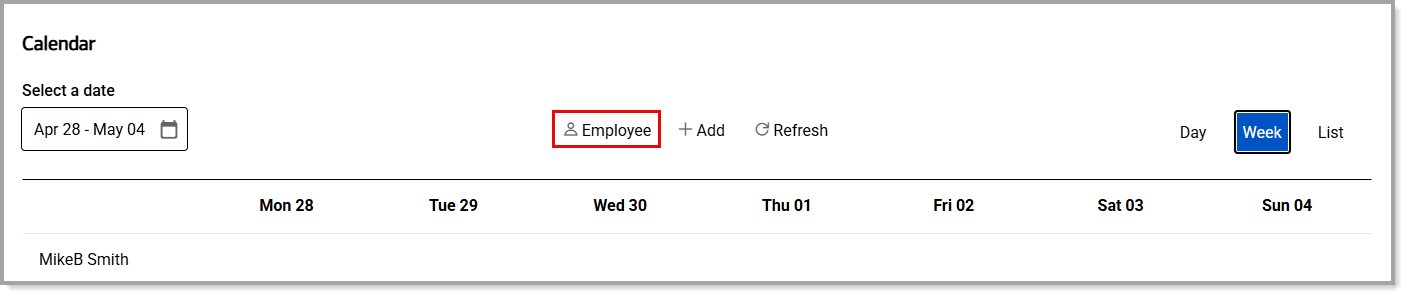 Calendar appointments view for an employee